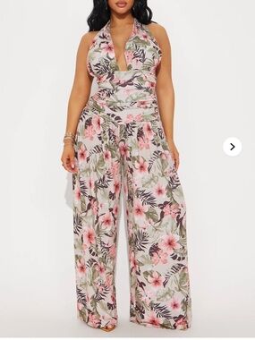 Fashion Nova Pink Floral Halter Wide-Leg Jumpsuit